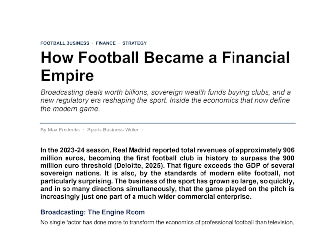 write premium football business, analytics and editorial content